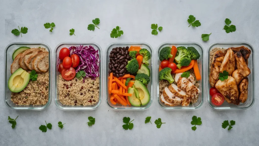 Refeições saudáveis com vegetais, proteínas magras e alimentos anti-inflamatórios