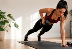 Mulher realizando circuito de braços e abdômen em treino funcional de 20 minutos em casa