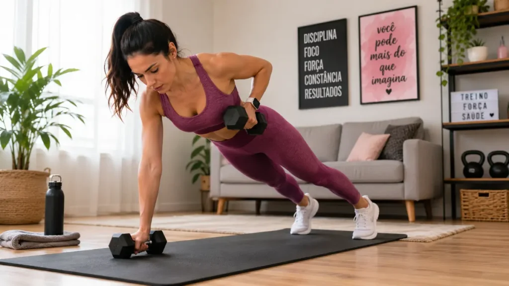 Mulher realizando circuito de braços e abdômen em treino funcional de 20 minutos em casa