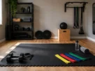 Espaço de treino em casa organizado com tapete de exercícios, faixas elásticas, halteres e acessórios fitness em ambiente compacto.