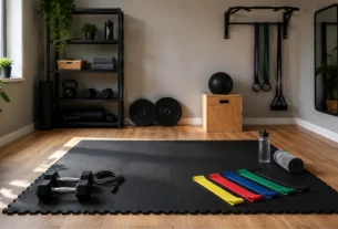Espaço de treino em casa organizado com tapete de exercícios, faixas elásticas, halteres e acessórios fitness em ambiente compacto.