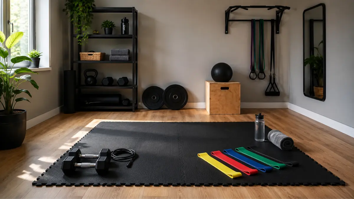 Espaço de Treino em Casa: Como Montar Gastando Pouco e Bem 1 Espaço de treino em casa organizado com tapete de exercícios, faixas elásticas, halteres e acessórios fitness em ambiente compacto.