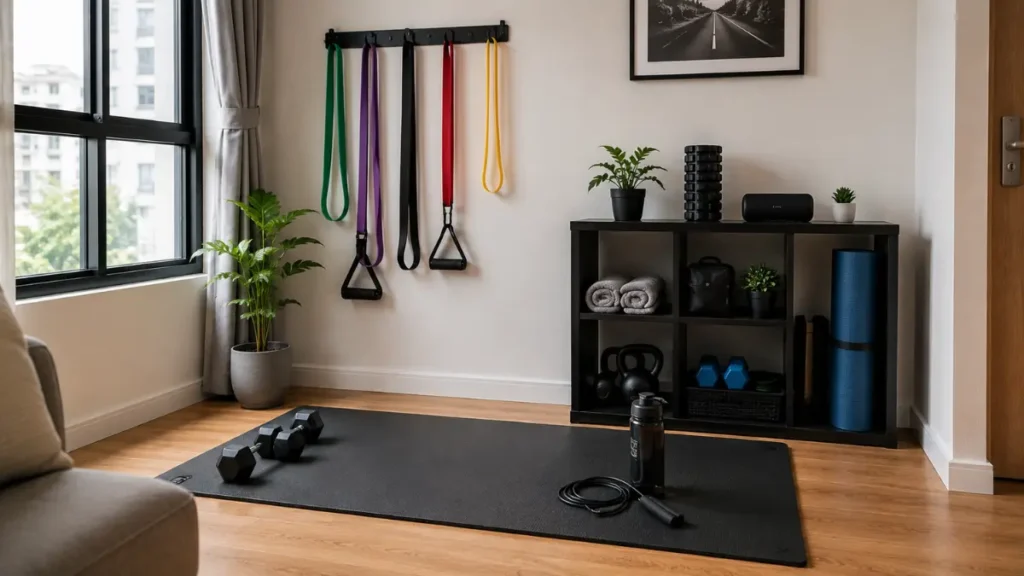 Espaço de Treino em Casa: Como Montar Gastando Pouco e Bem 2 Espaço de treino em casa pequeno e organizado com faixas elásticas, tapete de exercícios e acessórios fitness.