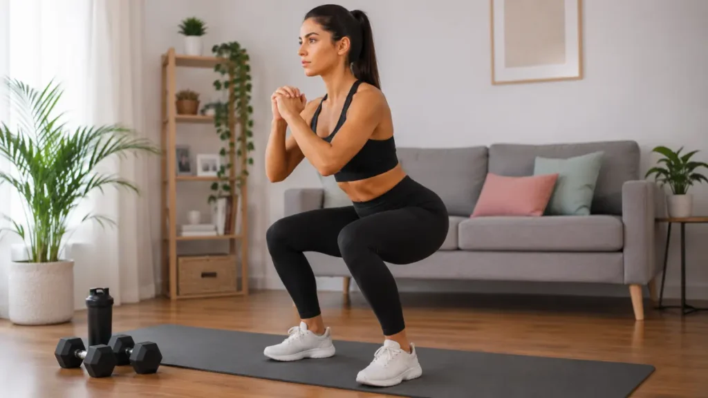 Erros no Treino em Casa Feminino: 11 Falhas que Travam Resultados 2 Mulher realizando agachamento com postura correta durante treino em casa feminino