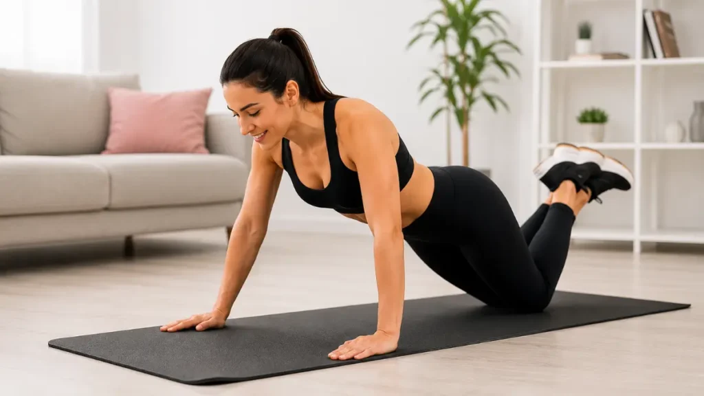 Mulher realizando flexão de braço apoiada como exercício para eliminar a flacidez nos braços em casa.