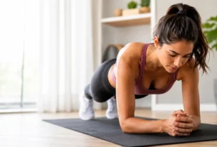 Mulher realizando prancha abdominal corretamente com corpo alinhado e abdômen contraído