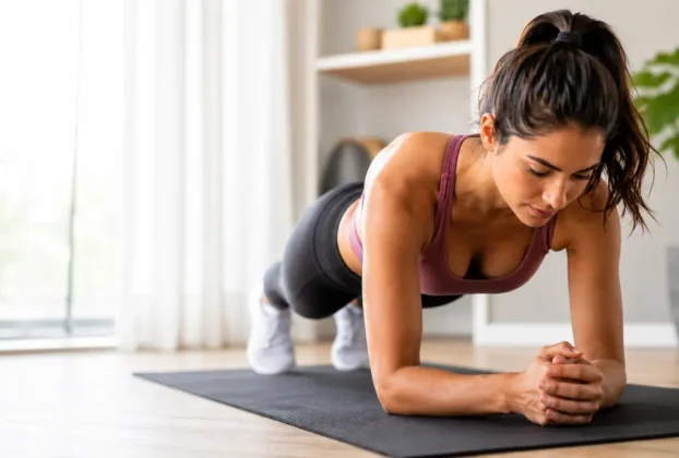 Mulher realizando prancha abdominal corretamente com corpo alinhado e abdômen contraído