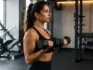 Mulher realizando treino de força com halteres para melhorar condicionamento físico e saúde
