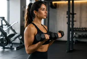 Mulher realizando treino de força com halteres para melhorar condicionamento físico e saúde