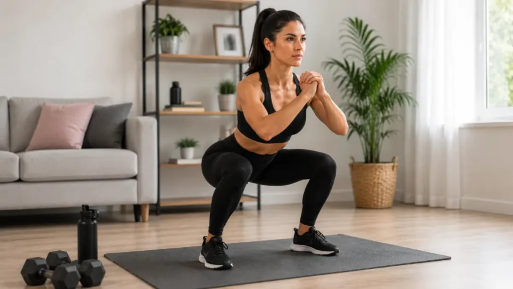 Treino de Corpo Inteiro para Mulheres: Queime Calorias em 25 Minutos 2 Mulher realizando agachamento durante treino de corpo inteiro em casa para queimar calorias.