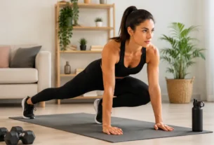 Mulher fazendo treino de corpo inteiro para mulheres em casa, com exercícios de fortalecimento e queima de calorias.