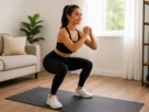 Mulher realizando agachamento durante treino em casa para mulheres iniciantes em ambiente residencial.