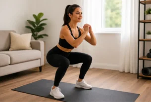 Mulher realizando agachamento durante treino em casa para mulheres iniciantes em ambiente residencial.