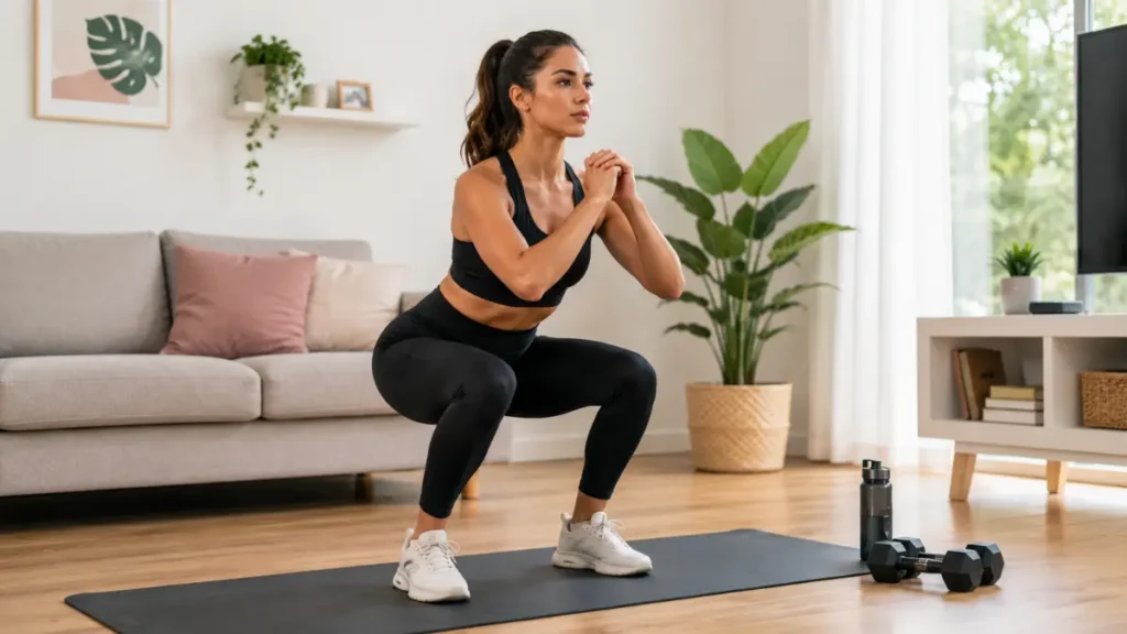 Quantos Dias Treinar por Semana Mulher para ter Melhores Resultados 2 Mulher realizando treino em casa para emagrecimento e condicionamento físico