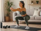 Treino funcional feminino em casa com mulher fazendo agachamento para fortalecer pernas e glúteos