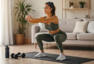 Treino funcional feminino em casa com mulher fazendo agachamento para fortalecer pernas e glúteos