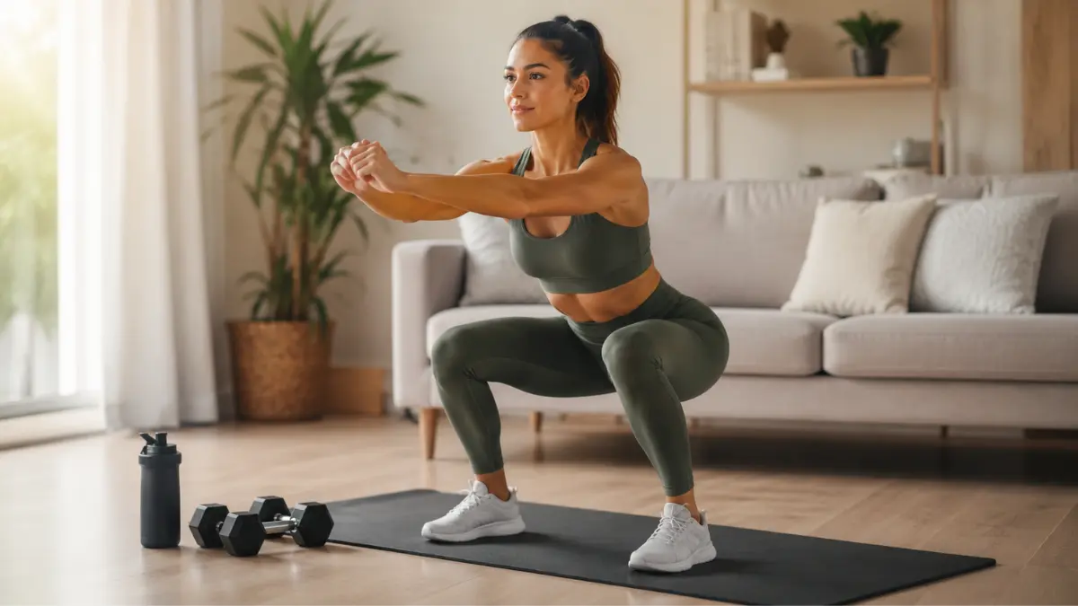 Treino Funcional Feminino em Casa: Transforme seu Corpo sem Academia 1 Treino funcional feminino em casa com mulher fazendo agachamento para fortalecer pernas e glúteos