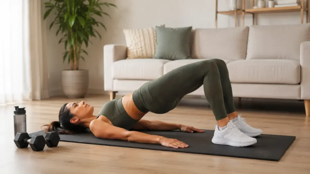 Treino Funcional Feminino em Casa: Transforme seu Corpo sem Academia 2 Mulher fazendo ponte de glúteos durante treino funcional feminino em casa