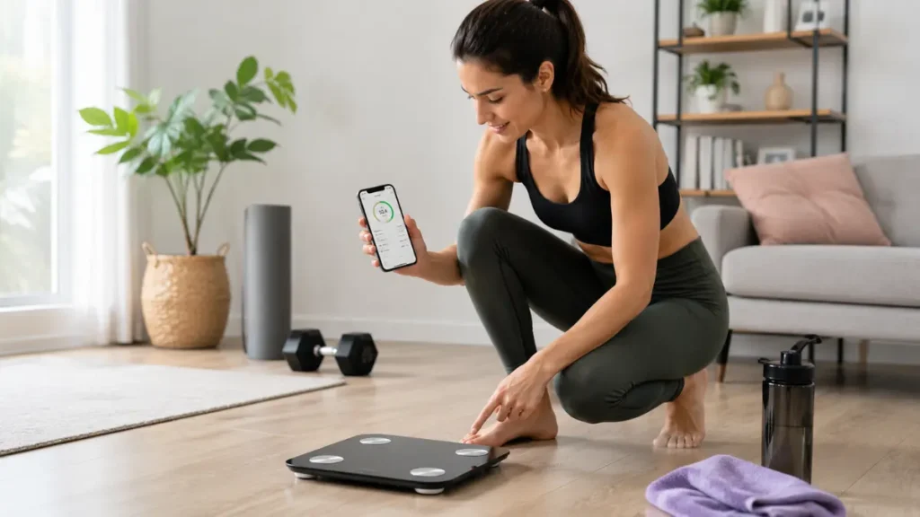 Mulher acompanhando a evolução do emagrecimento com uma balança digital de bioimpedância e aplicativo no celular.