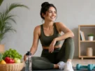 Mulher realizando rotina saudável para emagrecer depois dos 30 anos, com treino em casa e alimentação equilibrada.