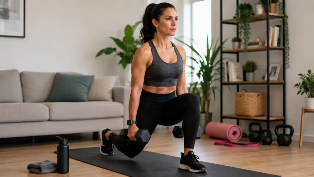 Mulher acima dos 30 anos realizando treino de força em casa para acelerar o metabolismo e emagrecer.
