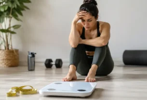Mulher olhando para uma balança após fazer dieta e exercícios sem perceber redução no peso.