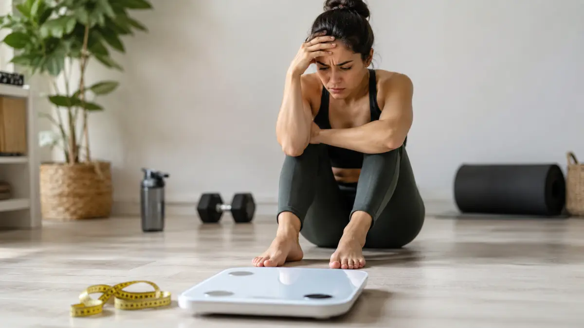 Mulher olhando para uma balança após fazer dieta e exercícios sem perceber redução no peso.