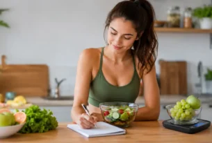 Mulher planejando uma alimentação saudável para emagrecer com salada, frutas e balança de cozinha sobre a mesa.