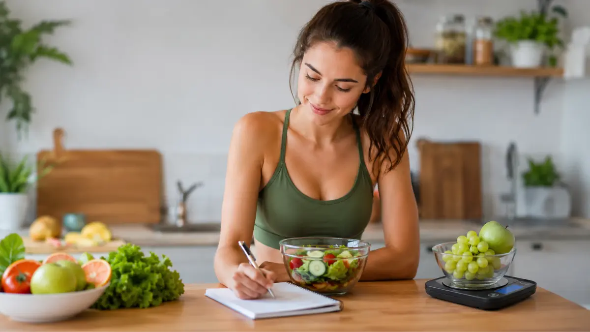Mulher planejando uma alimentação saudável para emagrecer com salada, frutas e balança de cozinha sobre a mesa.
