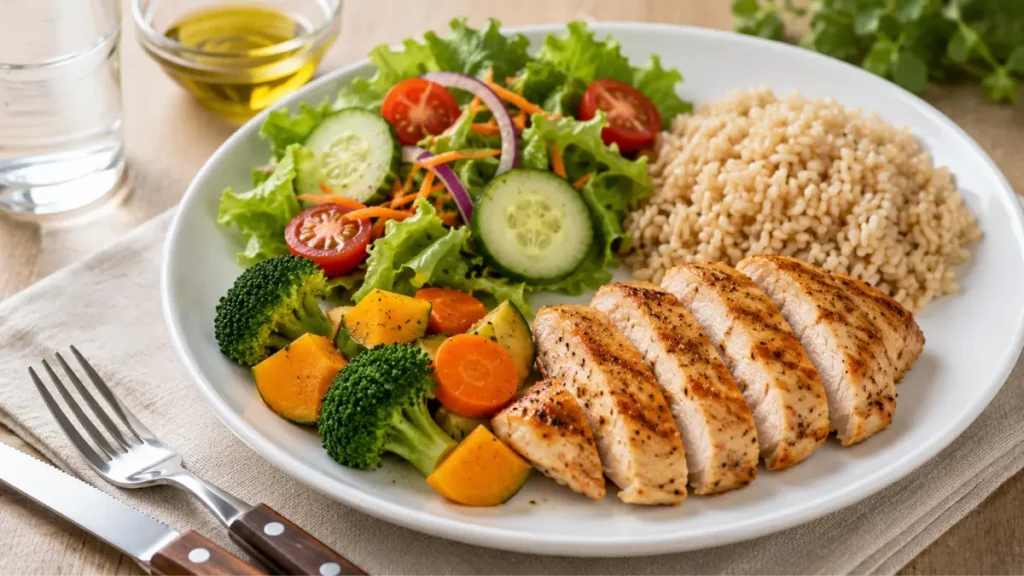 Prato com refeição equilibrada contendo proteína, arroz integral, legumes e salada para uma alimentação voltada ao emagrecimento feminino.