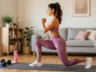 Mulher realizando afundo durante treino de pernas em casa