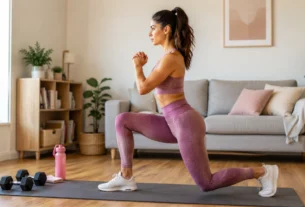 Mulher realizando afundo durante treino de pernas em casa