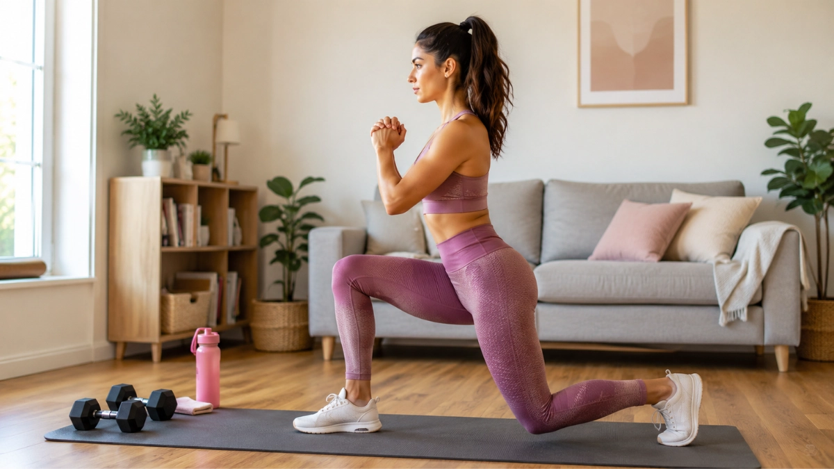 Afundo ou Agachamento: Qual Ajuda Mais nos Glúteos e Pernas? 1 Mulher realizando afundo durante treino de pernas em casa