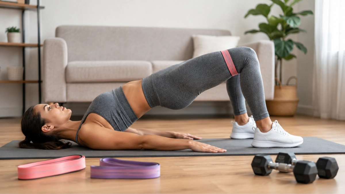 Ativação de Glúteos Antes do Treino: Veja 7 Exercícios Eficazes 1 Mulher fazendo elevação de quadril com miniband para ativação de glúteos