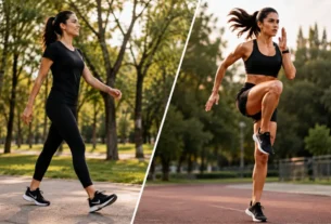 Mulher caminhando e outra fazendo treino HIIT em parque para comparar qual exercício emagrece mais