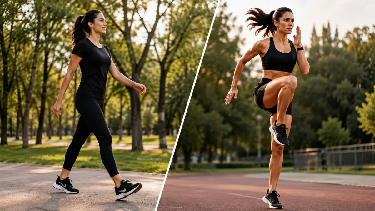 Mulher caminhando e outra fazendo treino HIIT em parque para comparar qual exercício emagrece mais