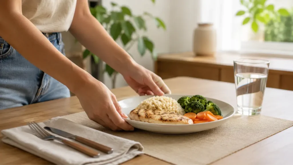 Como Controlar Compulsão Alimentar: Guia com Estratégias Reais 2 Refeição organizada em ambiente calmo, representando rotina alimentar estruturada para reduzir episódios de compulsão