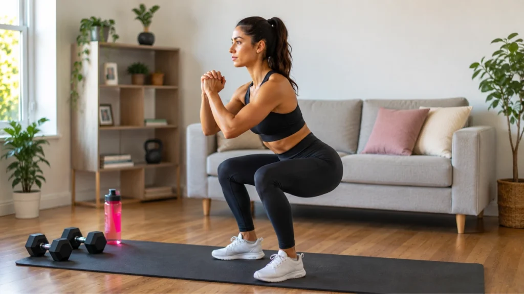 Afundo ou Agachamento: Qual Ajuda Mais nos Glúteos e Pernas? 2 Mulher realizando agachamento corretamente durante treino em casa