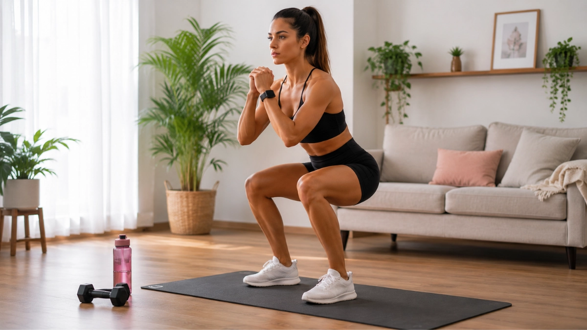 Exercícios para Celulite nas Pernas: Veja os Melhores em Casa 1 Mulher fazendo agachamento em casa para fortalecer pernas e glúteos