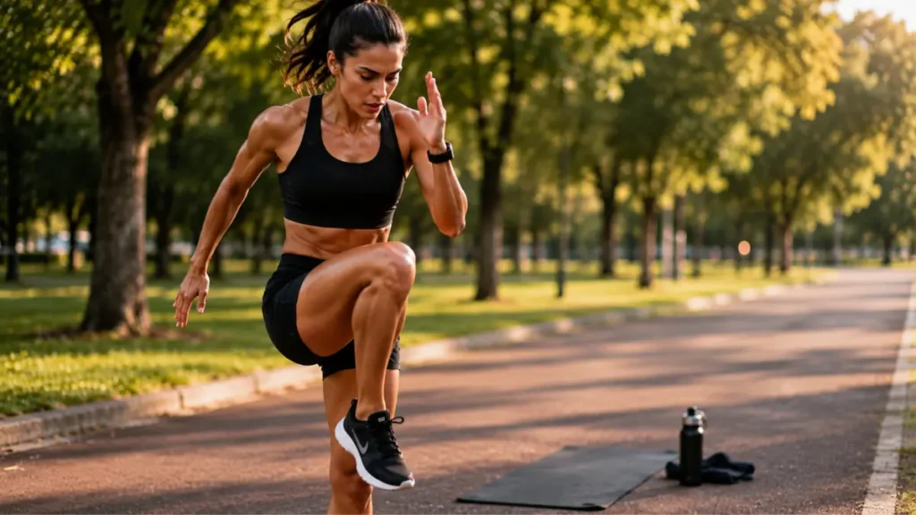 Mulher realizando treino HIIT de alta intensidade em parque para auxiliar no emagrecimento